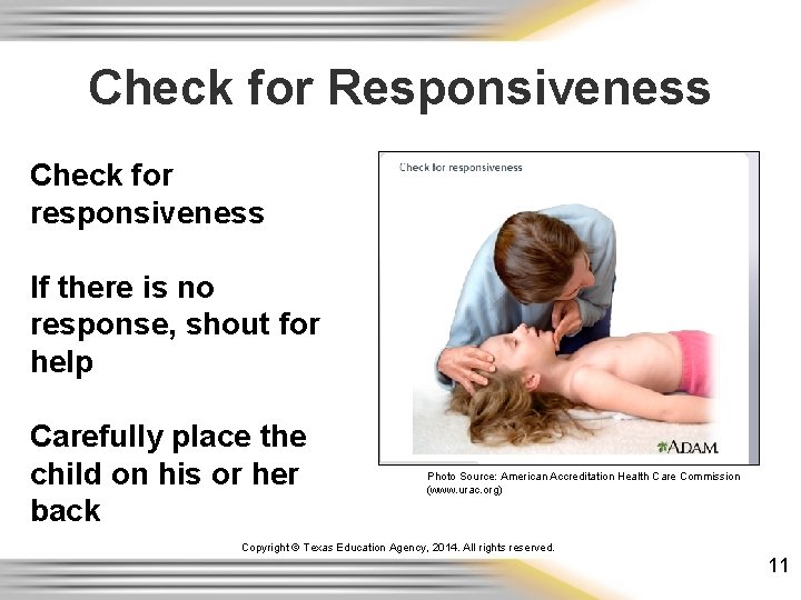 Check for Responsiveness Check for responsiveness If there is no response, shout for help Check for Responsiveness Check for responsiveness If there is no response, shout for help