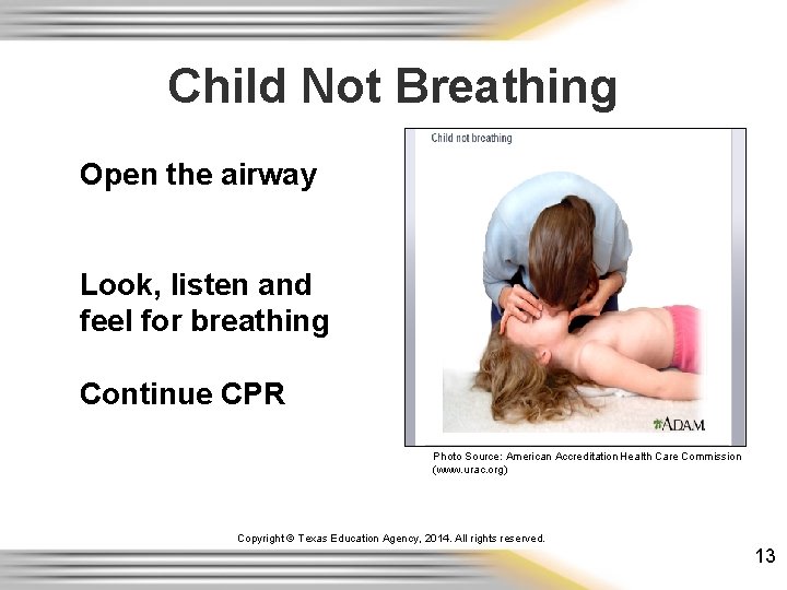 Child Not Breathing Open the airway Look, listen and feel for breathing Continue CPR Child Not Breathing Open the airway Look, listen and feel for breathing Continue CPR