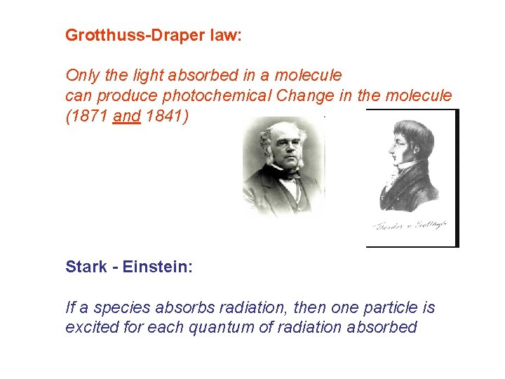 Grotthuss-Draper law: Only the light absorbed in a molecule can produce photochemical Change in