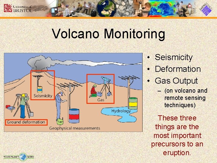 Volcano Monitoring • Seismicity • Deformation • Gas Output – (on volcano and remote