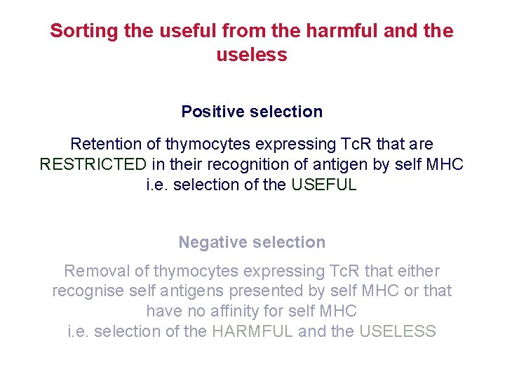 Sorting the useful from the harmful and the useless Positive selection Retention of thymocytes