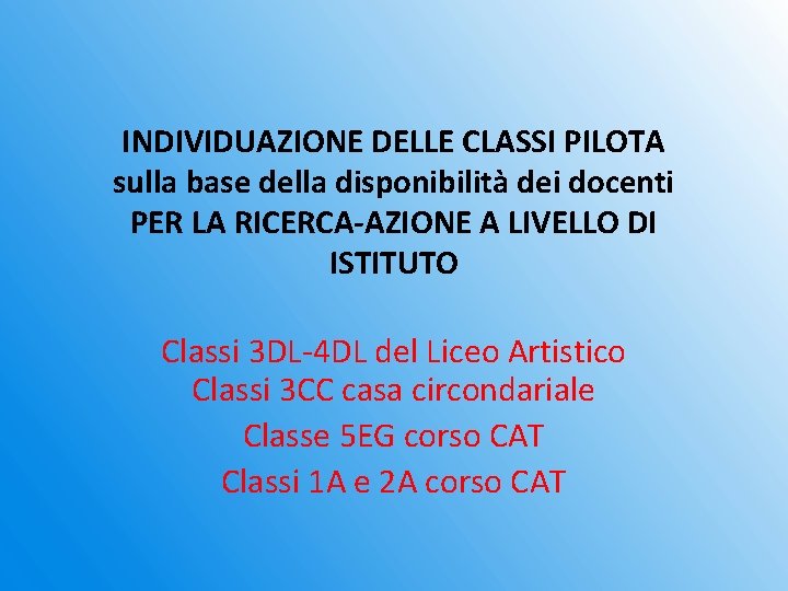 INDIVIDUAZIONE DELLE CLASSI PILOTA sulla base della disponibilità dei docenti PER LA RICERCA-AZIONE A