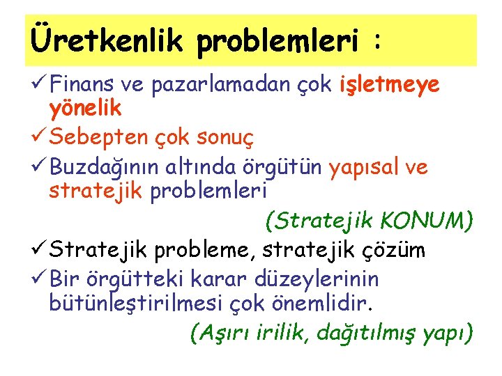 Üretkenlik problemleri : ü Finans ve pazarlamadan çok işletmeye yönelik ü Sebepten çok sonuç