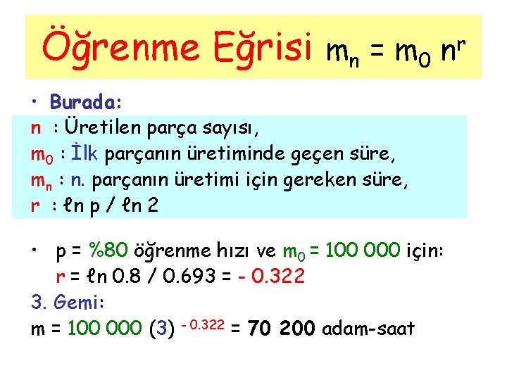 Öğrenme Eğrisi mn = m 0 nr • Burada: n : Üretilen parça sayısı,