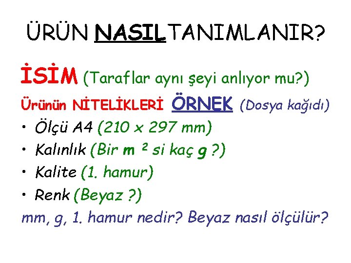 ÜRÜN NASILTANIMLANIR? İSİM (Taraflar aynı şeyi anlıyor mu? ) Ürünün NİTELİKLERİ ÖRNEK (Dosya kağıdı)