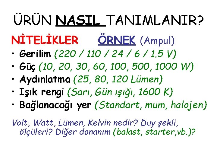 ÜRÜN NASIL TANIMLANIR? NİTELİKLER • • • ÖRNEK (Ampul) Gerilim (220 / 110 /