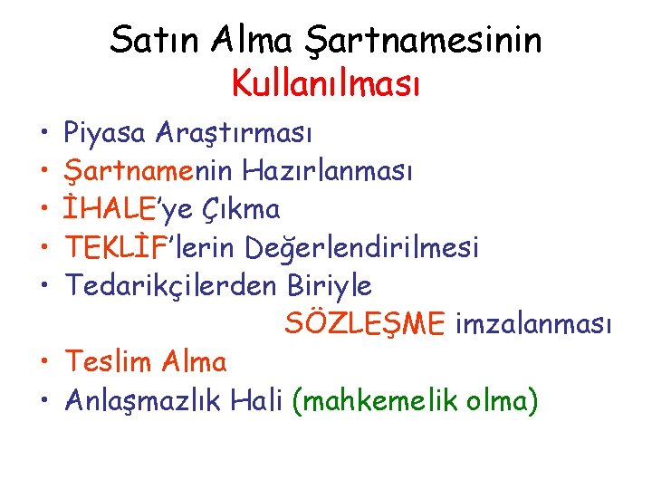 Satın Alma Şartnamesinin Kullanılması • • • Piyasa Araştırması Şartnamenin Hazırlanması İHALE’ye Çıkma TEKLİF’lerin