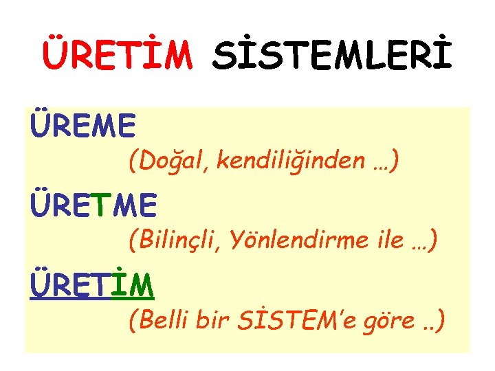 ÜRETİM SİSTEMLERİ ÜREME (Doğal, kendiliğinden …) ÜRETME (Bilinçli, Yönlendirme ile …) ÜRETİM (Belli bir