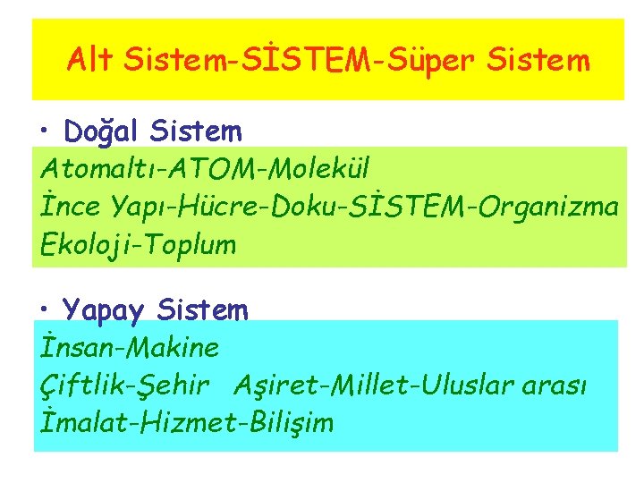 Alt Sistem-SİSTEM-Süper Sistem • Doğal Sistem Atomaltı-ATOM-Molekül İnce Yapı-Hücre-Doku-SİSTEM-Organizma Ekoloji-Toplum • Yapay Sistem İnsan-Makine