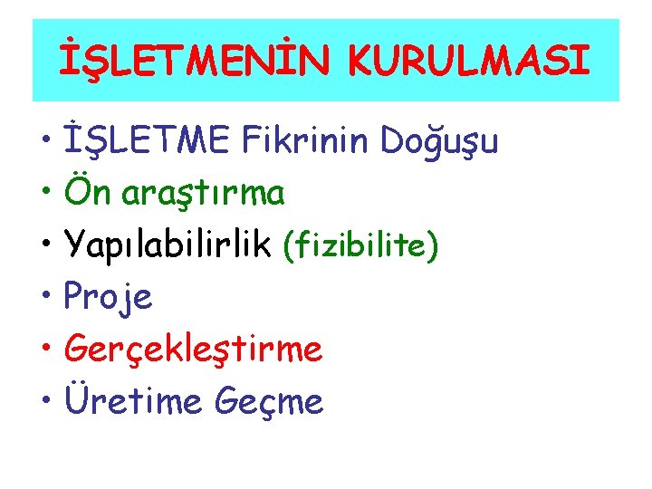 İŞLETMENİN KURULMASI • İŞLETME Fikrinin Doğuşu • Ön araştırma • Yapılabilirlik (fizibilite) • Proje