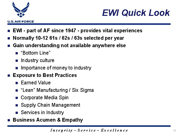 EWI Quick Look EWI - part of AF since 1947 - provides vital experiences