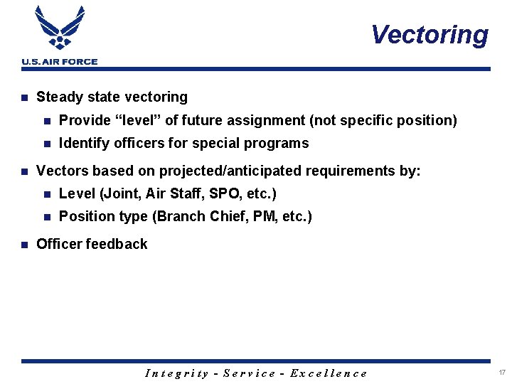 Vectoring Steady state vectoring Provide “level” of future assignment (not specific position) Identify officers