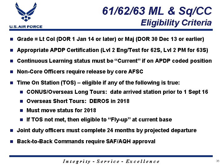 61/62/63 ML & Sq/CC Eligibility Criteria Grade = Lt Col (DOR 1 Jan 14