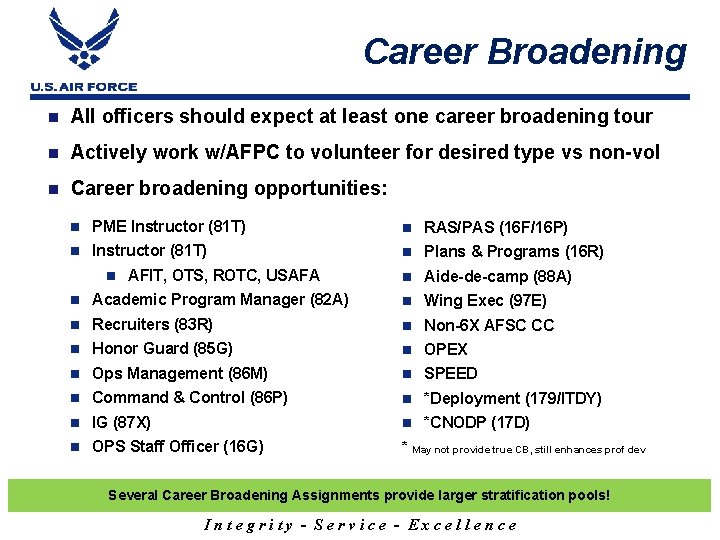 Career Broadening All officers should expect at least one career broadening tour Actively work