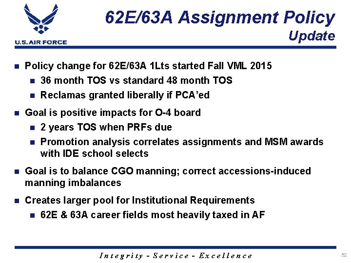 62 E/63 A Assignment Policy Update Policy change for 62 E/63 A 1 Lts