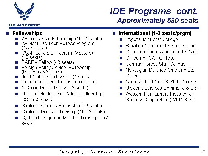 IDE Programs cont. Approximately 530 seats Fellowships AF Legislative Fellowship (10 -15 seats) AF