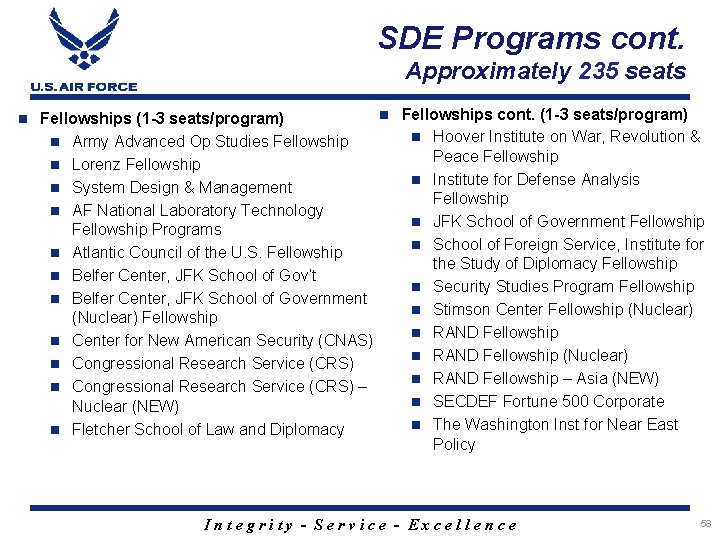 SDE Programs cont. Approximately 235 seats Fellowships cont. (1 -3 seats/program) Fellowships (1 -3