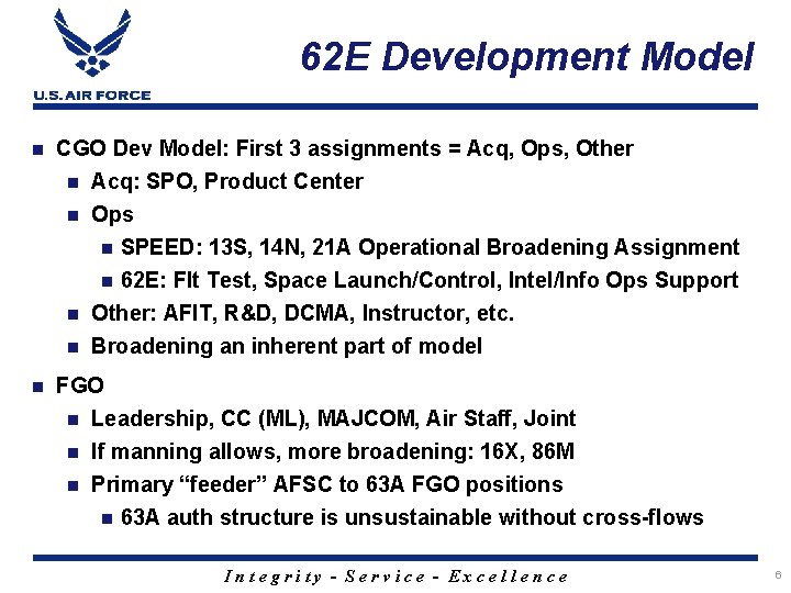 62 E Development Model CGO Dev Model: First 3 assignments = Acq, Ops, Other