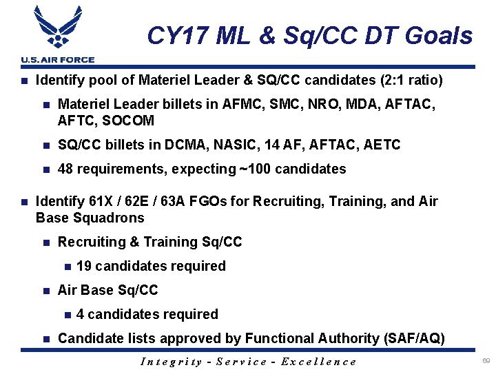 CY 17 ML & Sq/CC DT Goals Identify pool of Materiel Leader & SQ/CC