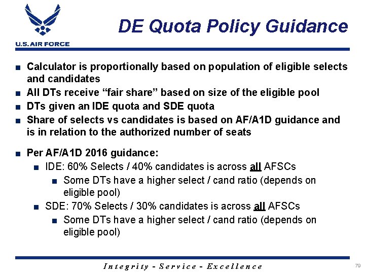 DE Quota Policy Guidance ■ Calculator is proportionally based on population of eligible selects