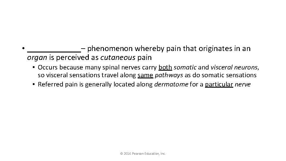  • _______– phenomenon whereby pain that originates in an organ is perceived as