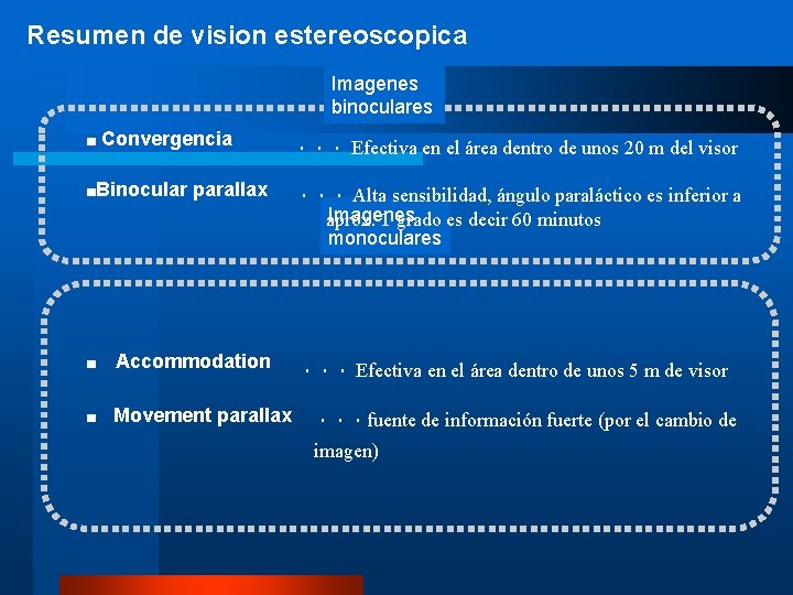 Resumen de vision estereoscopica Imagenes binoculares ■ Convergencia ■Binocular parallax ・・・ Efectiva en el