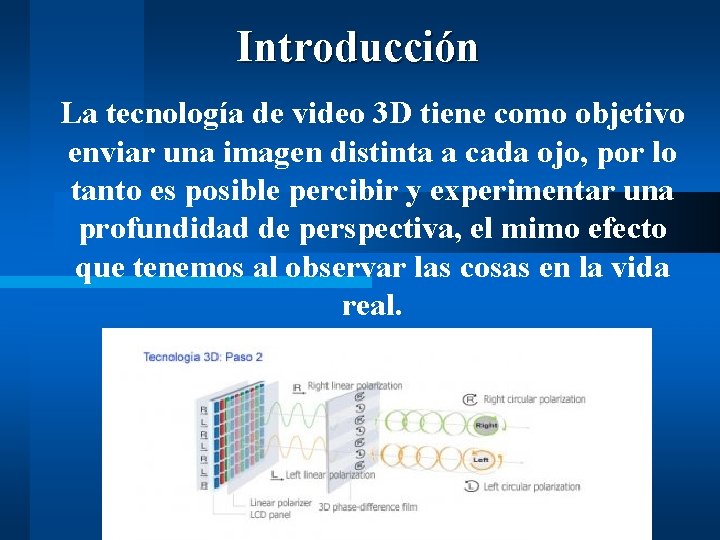 Introducción La tecnología de video 3 D tiene como objetivo enviar una imagen distinta