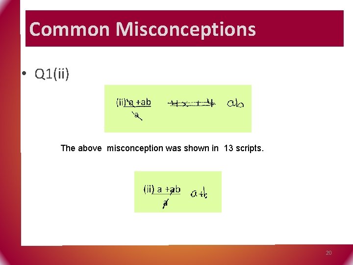 Common Misconceptions • Q 1(ii) The above misconception was shown in 13 scripts. 20