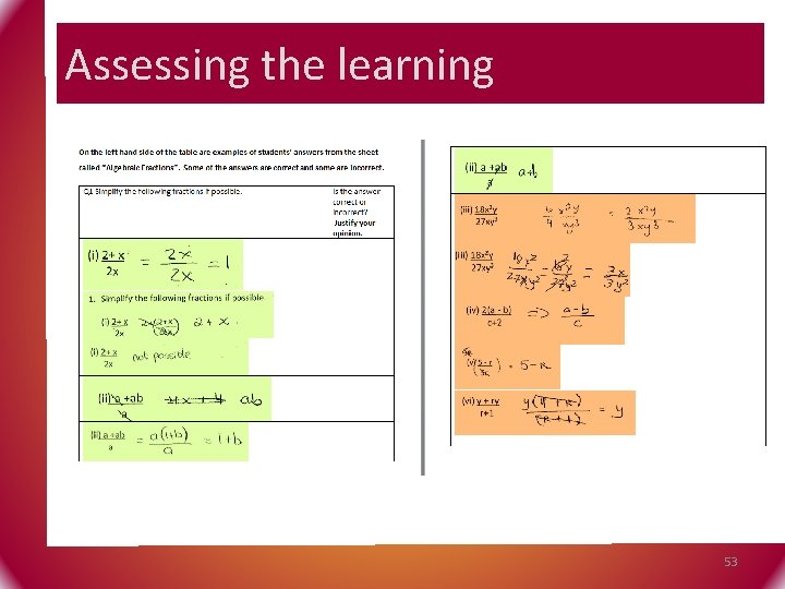 Assessing the learning 53 