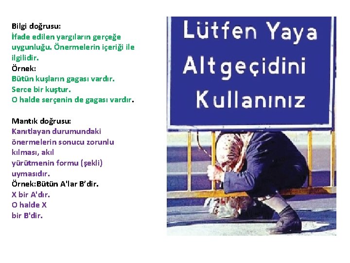 Bilgi doğrusu: İfade edilen yargıların gerçeğe uygunluğu. Önermelerin içeriği ile ilgilidir. Örnek: Bütün kuşların Bilgi doğrusu: İfade edilen yargıların gerçeğe uygunluğu. Önermelerin içeriği ile ilgilidir. Örnek: Bütün kuşların