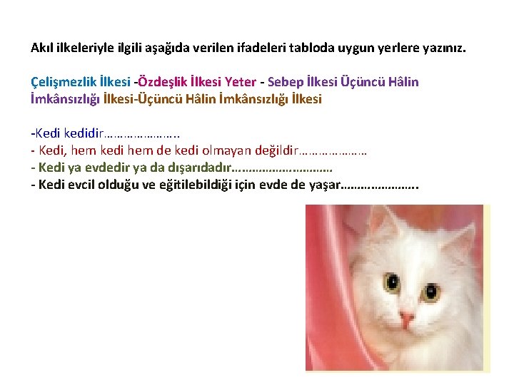 Akıl ilkeleriyle ilgili aşağıda verilen ifadeleri tabloda uygun yerlere yazınız. Çelişmezlik İlkesi -Özdeşlik İlkesi