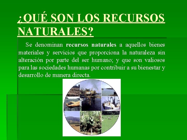¿QUÉ SON LOS RECURSOS NATURALES? Se denominan recursos naturales a aquellos bienes materiales y