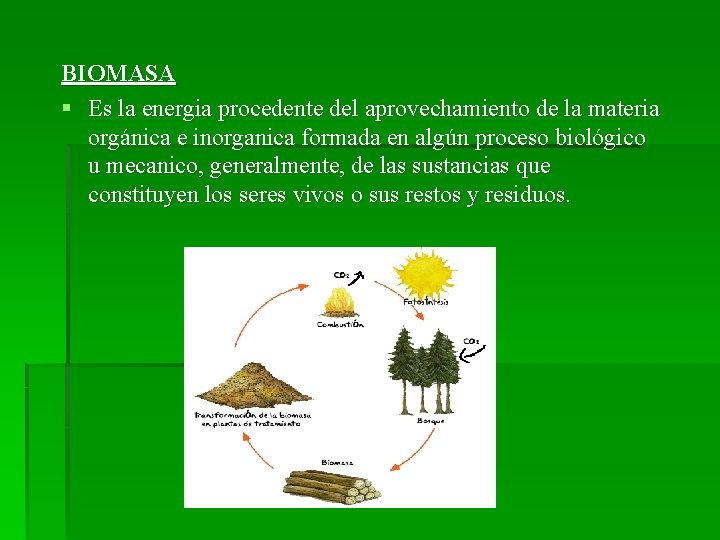 BIOMASA § Es la energia procedente del aprovechamiento de la materia orgánica e inorganica