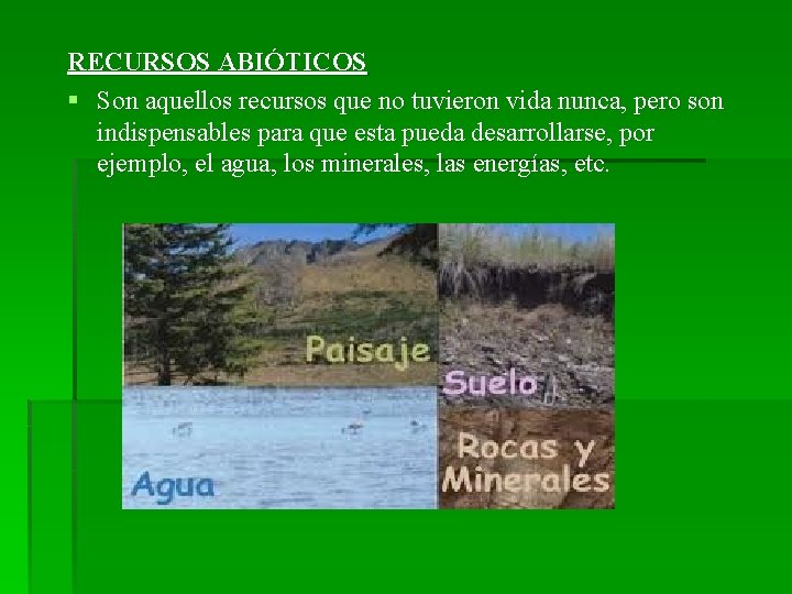 RECURSOS ABIÓTICOS § Son aquellos recursos que no tuvieron vida nunca, pero son indispensables