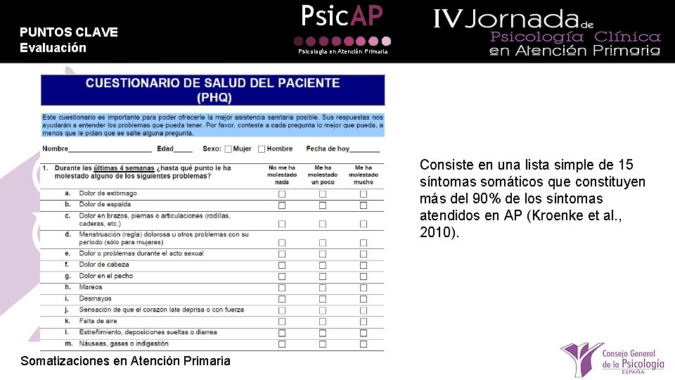 PUNTOS CLAVE Evaluación Psic. AP Psicología en Atención Primaria Consiste en una lista simple