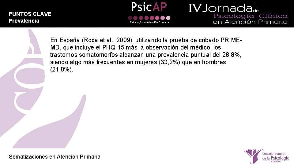 PUNTOS CLAVE Prevalencia Psic. AP Psicología en Atención Primaria En España (Roca et al.