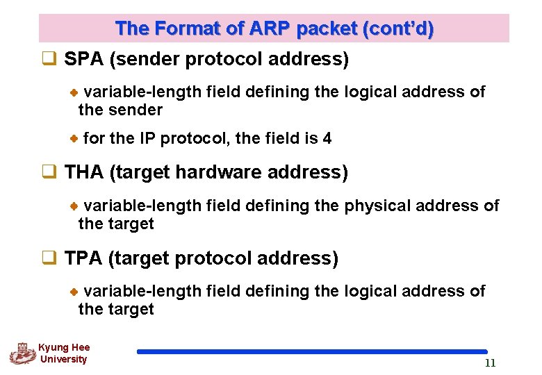 The Format of ARP packet (cont’d) q SPA (sender protocol address) variable-length field defining