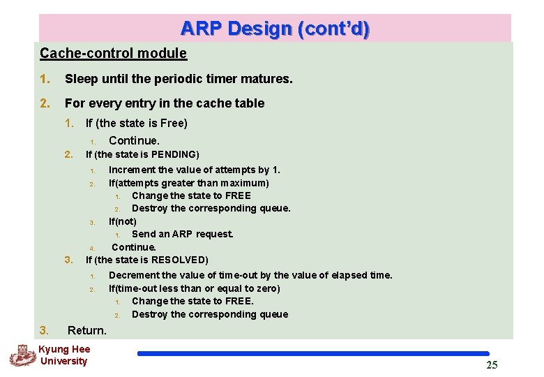 ARP Design (cont’d) Cache-control module 1. Sleep until the periodic timer matures. 2. For