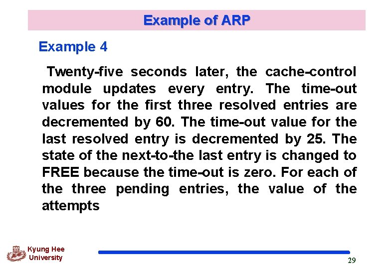 Example of ARP Example 4 Twenty-five seconds later, the cache-control module updates every entry.
