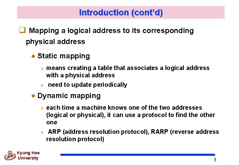 Introduction (cont’d) q Mapping a logical address to its corresponding physical address Static mapping
