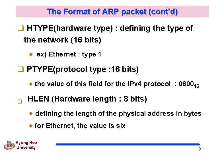 The Format of ARP packet (cont’d) q HTYPE(hardware type) : defining the type of