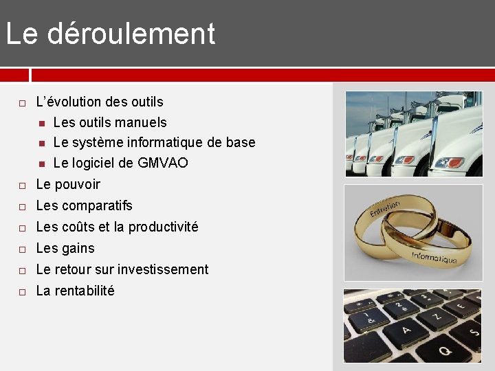 Le déroulement L’évolution des outils Les outils manuels Le système informatique de base Le Le déroulement L’évolution des outils Les outils manuels Le système informatique de base Le