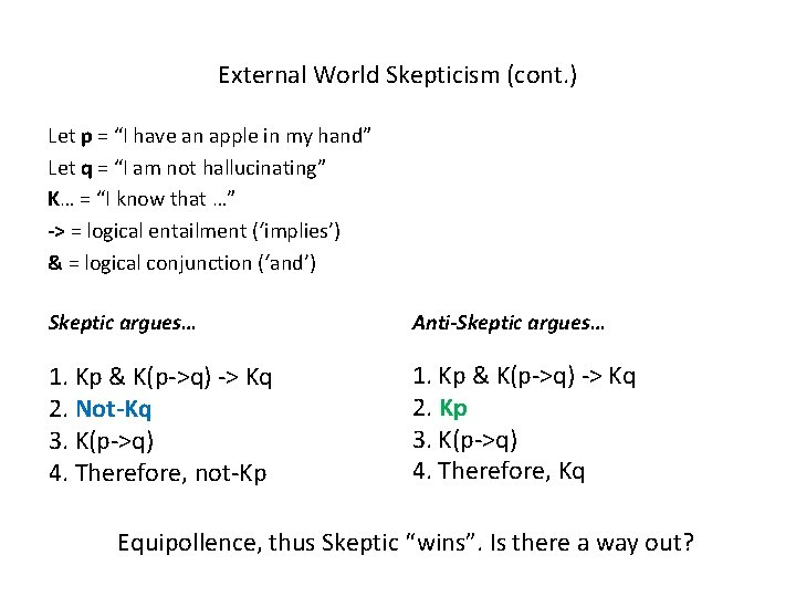 External World Skepticism (cont. ) Let p = “I have an apple in my