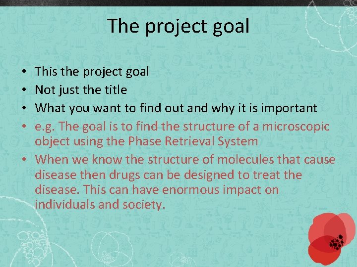 The project goal This the project goal Not just the title What you want