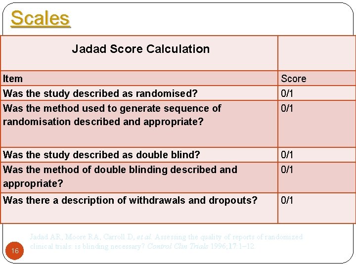 Scales Jadad Score Calculation Item Score Was the study described as randomised? 0/1 Was