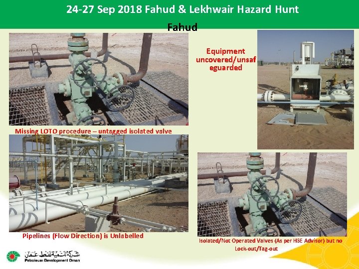 24 -27 Sep 2018 Fahud & Lekhwair Hazard Hunt Fahud Equipment uncovered/unsaf eguarded Missing
