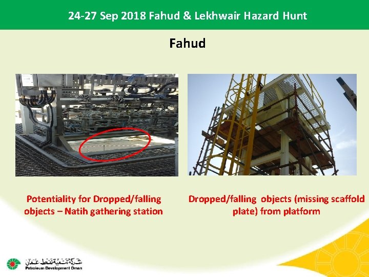24 -27 Sep 2018 Fahud & Lekhwair Hazard Hunt Fahud Potentiality for Dropped/falling objects