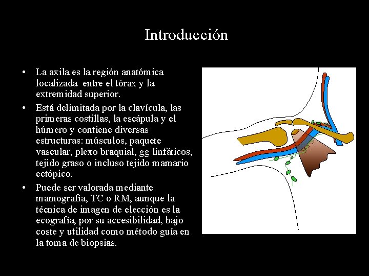  Introducción • La axila es la región anatómica localizada entre el tórax y