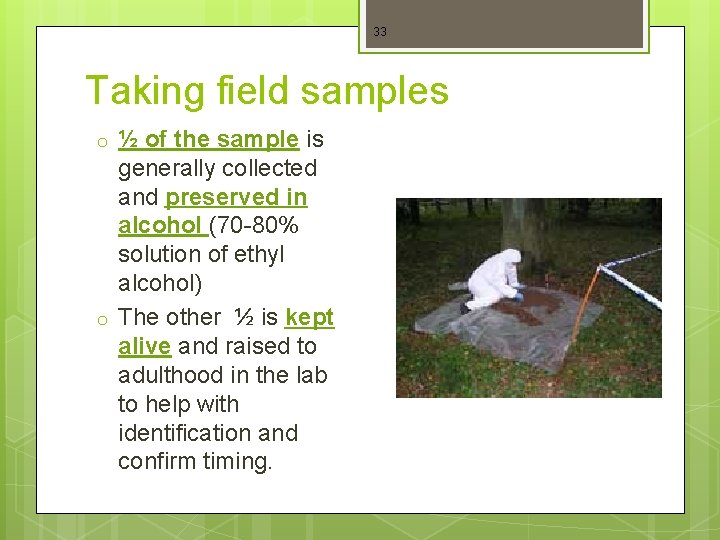 33 Taking field samples o o ½ of the sample is generally collected and