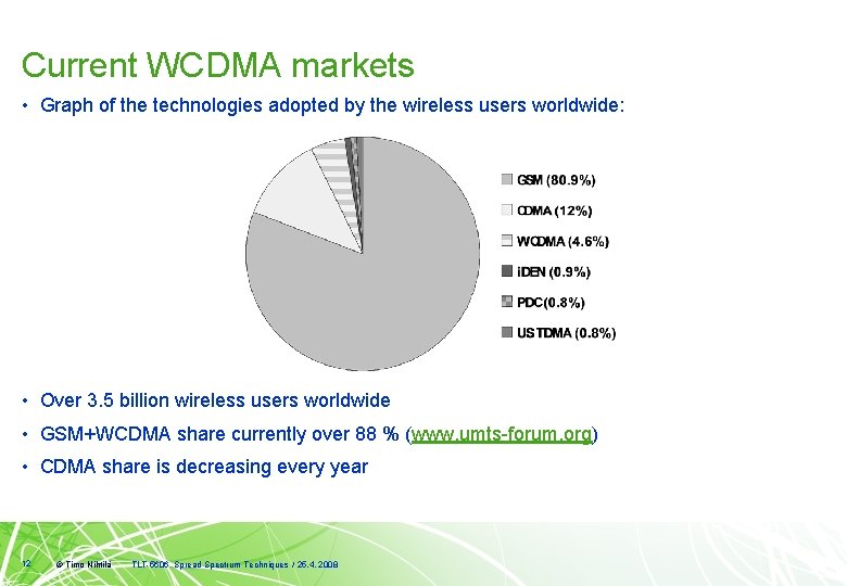 Current WCDMA markets • Graph of the technologies adopted by the wireless users worldwide: